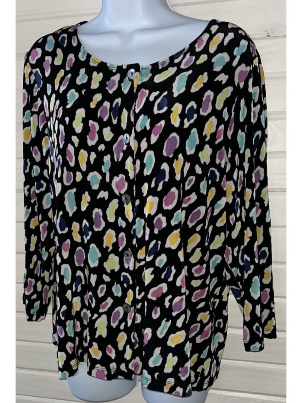 Citiknits Sz LARGE Black Button Up Slinky Cardigan Colored Splotches EUC